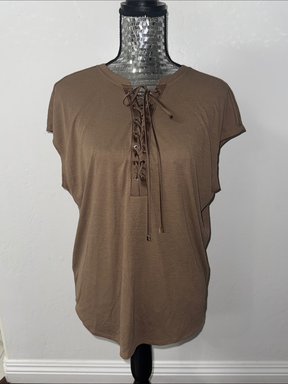 White House Black Market Brown Lace-Up Short Sleeve Top
